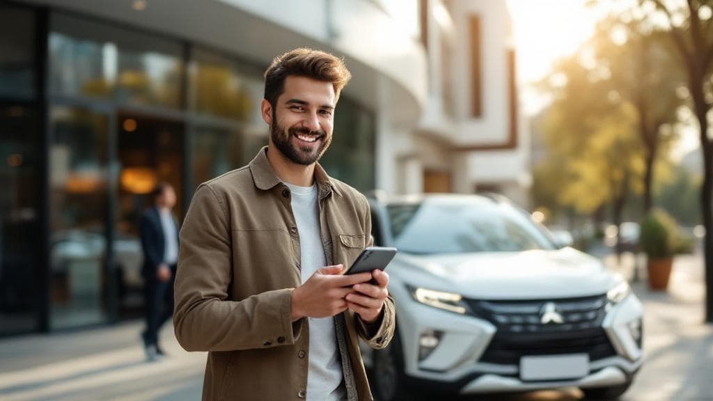 Man using AutoPrice Compass next to his new car
