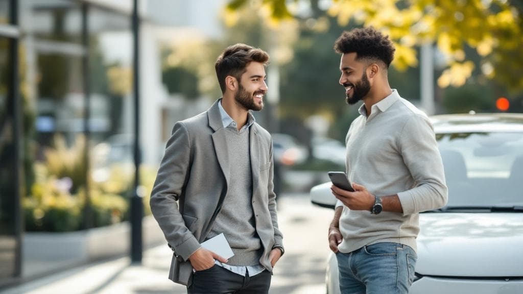 Dealer and buyer discussing at a car showroom